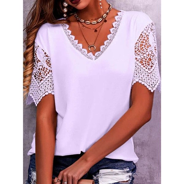 Women's Lace Patchwork V Neck T Shirt – Loose Fit Casual Blouse Short Sleeve Summer Top (S-5XL, Amazon Bestseller)