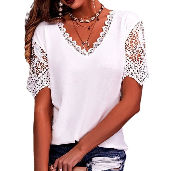Women's Lace Patchwork V Neck T Shirt – Loose Fit Casual Blouse Short Sleeve Summer Top (S-5XL, Amazon Bestseller)