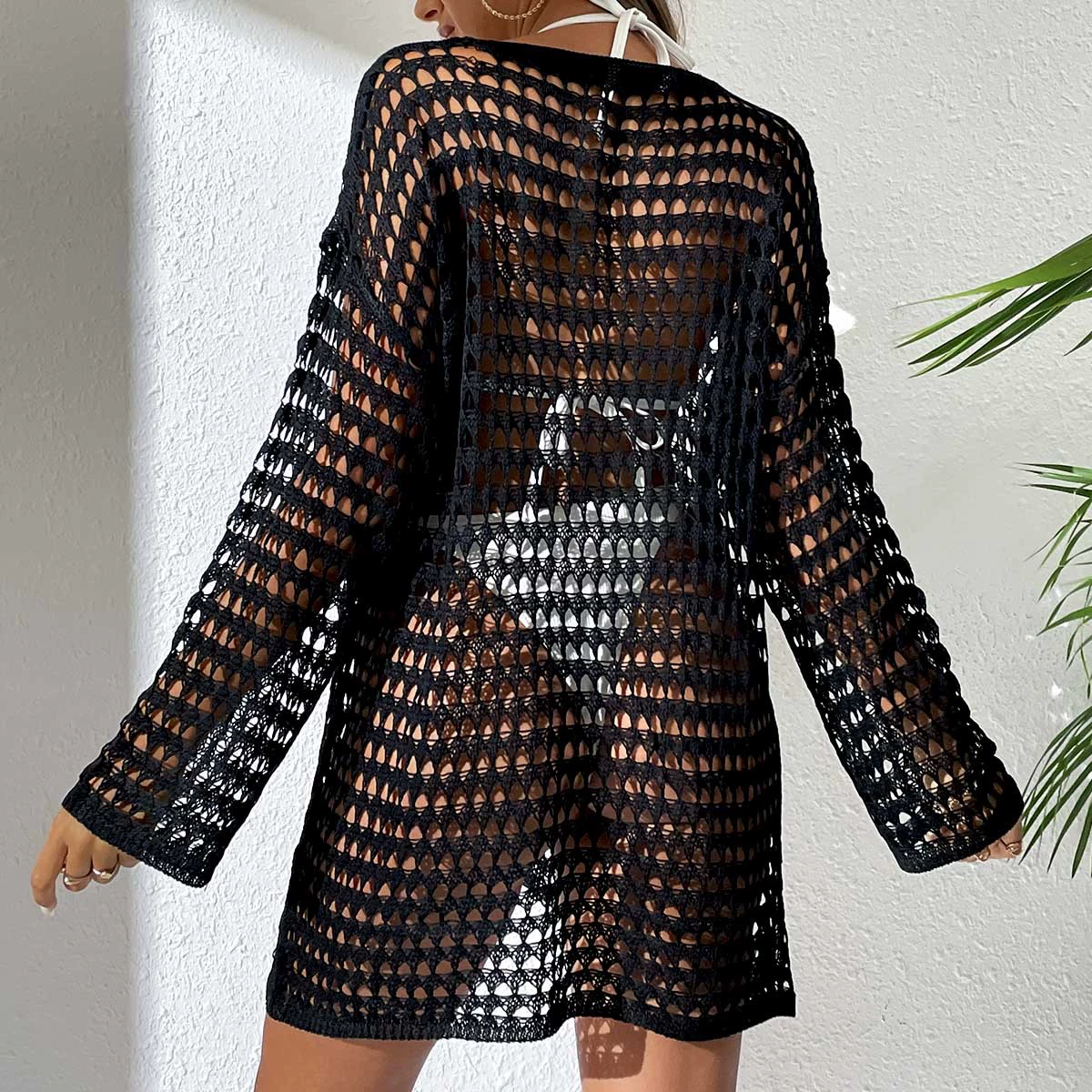 Women's Sexy Crochet Knit Bikini Cover Up – 2026 Summer Beach See Through Mesh Long Sleeve Pullover Swimsuit Coverup for Bathing Suit