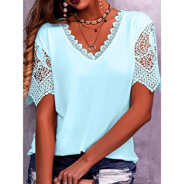 Women's Lace Patchwork V Neck T Shirt – Loose Fit Casual Blouse Short Sleeve Summer Top (S-5XL, Amazon Bestseller)