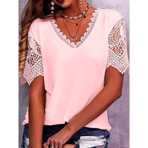 Women's Lace Patchwork V Neck T Shirt – Loose Fit Casual Blouse Short Sleeve Summer Top (S-5XL, Amazon Bestseller)