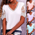 Women's Lace Patchwork V Neck T Shirt – Loose Fit Casual Blouse Short Sleeve Summer Top (S-5XL, Amazon Bestseller)