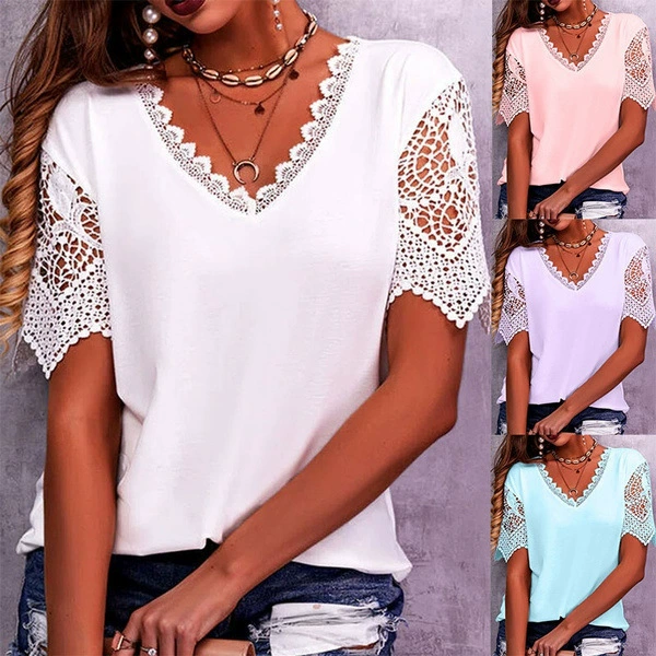 Women's Lace Patchwork V Neck T Shirt – Loose Fit Casual Blouse Short Sleeve Summer Top (S-5XL, Amazon Bestseller)