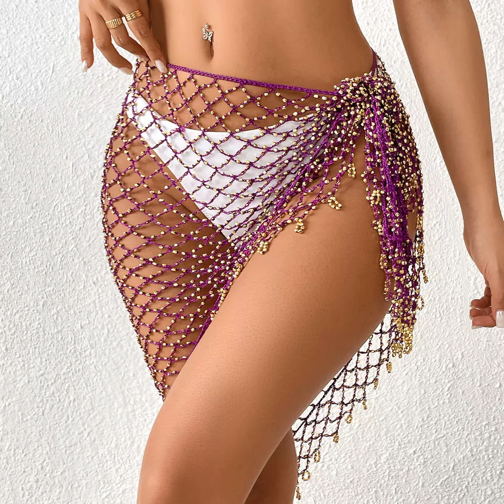 Women's Handmade Beaded Crochet Wrap Skirt & Bikini Cover Up – Sheer Sarong Mesh Triangle Scarf Beach Dress
