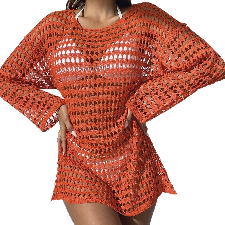 Women's Sexy Crochet Knit Bikini Cover Up – 2026 Summer Beach See Through Mesh Long Sleeve Pullover Swimsuit Coverup for Bathing Suit
